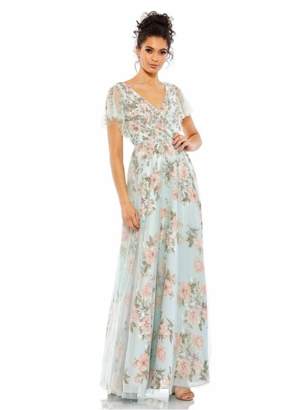 Mac Duggal 70125 Blue Floral Flutter Sleeve V-Neck Maxi Dress Size 4 NWT